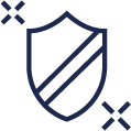 Blue outline illustration of a shield with two exclamation stars surrounding