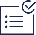 Blue outline illustration of a bullet-point list inside a rectangle with a check mark in the upper right corner 