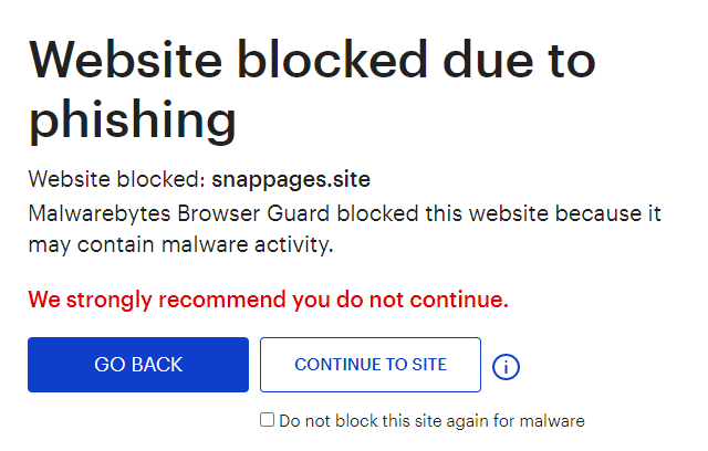 Malwarebytes blocks the domain snappages.site