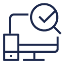 Blue outlined illustration of a computer, smartphone and magnifying glass with a checkmark inside