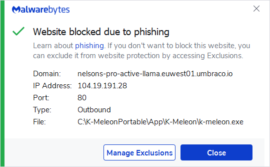 Malwarebytes blocks nelsons-pro-active-llama.euwest01.umbraco.io