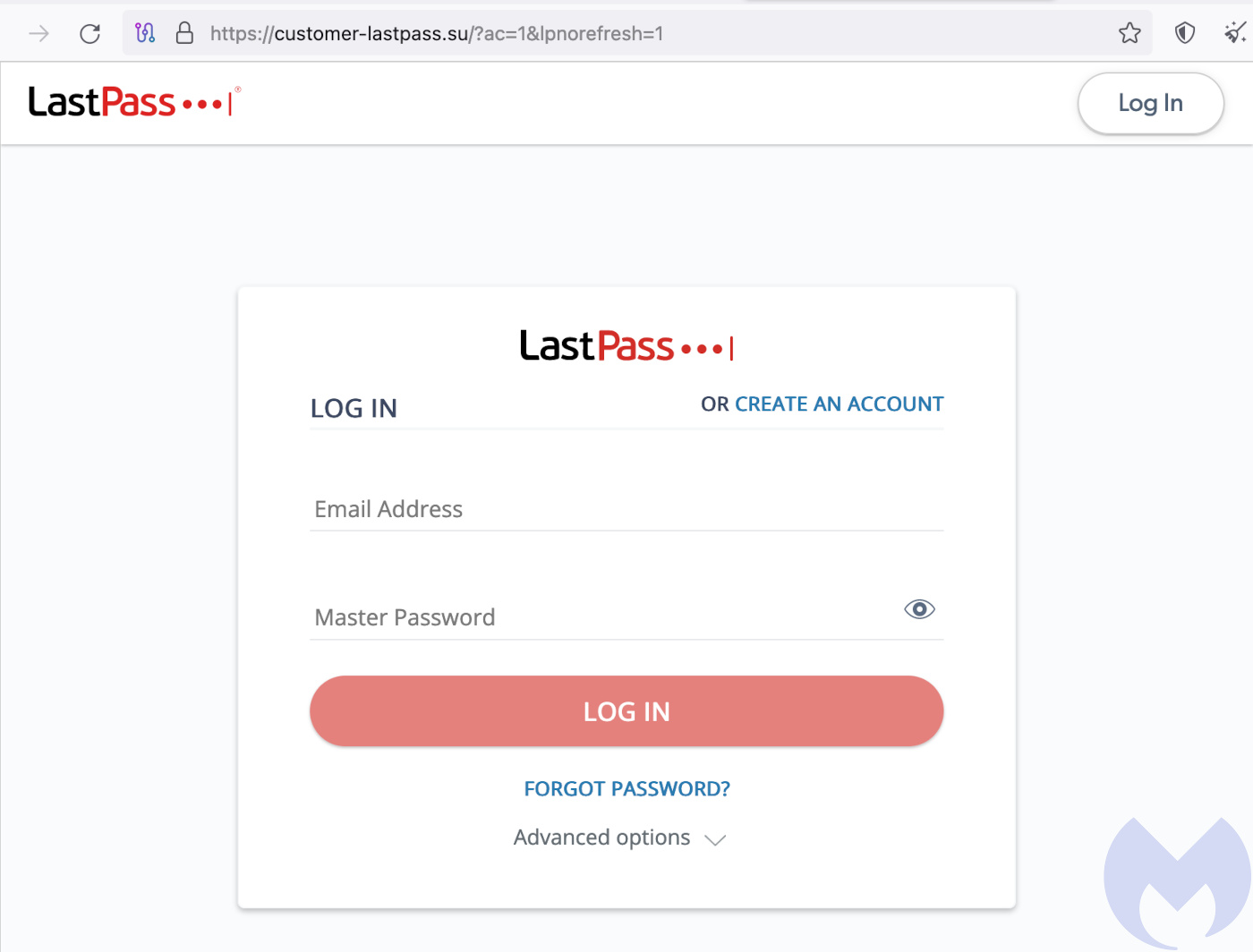 LastPass phishing page asks for username and password