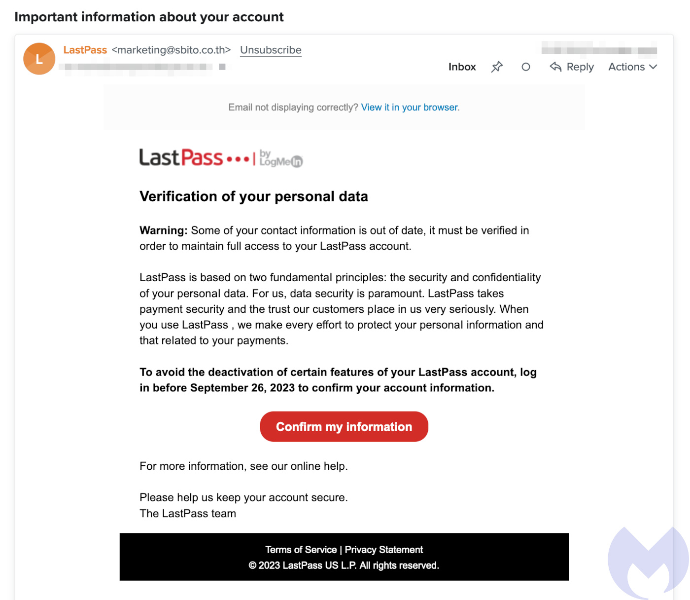 LastPass phishing email