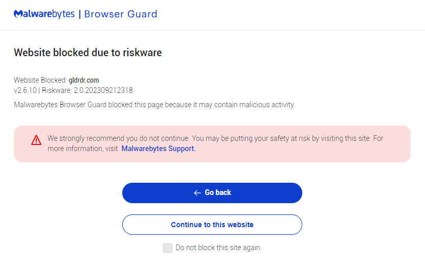 Malwarebytes blocks gldrdr.com