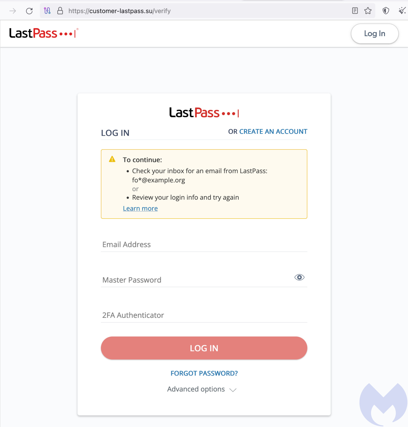 LastPass phishing page asks for username, password, and 2FA code