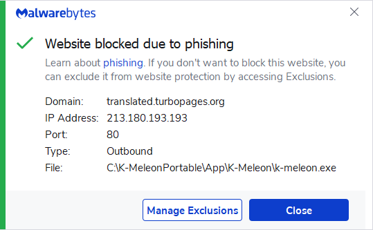 Malwarebytes blocks translated.turbopages.org