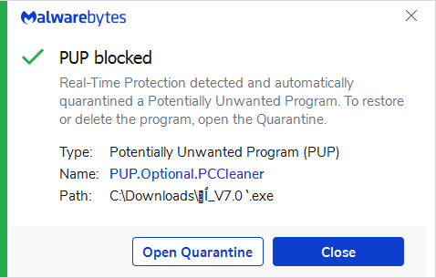 Malwarebytes blocks PUP.Optional.PCCleaner