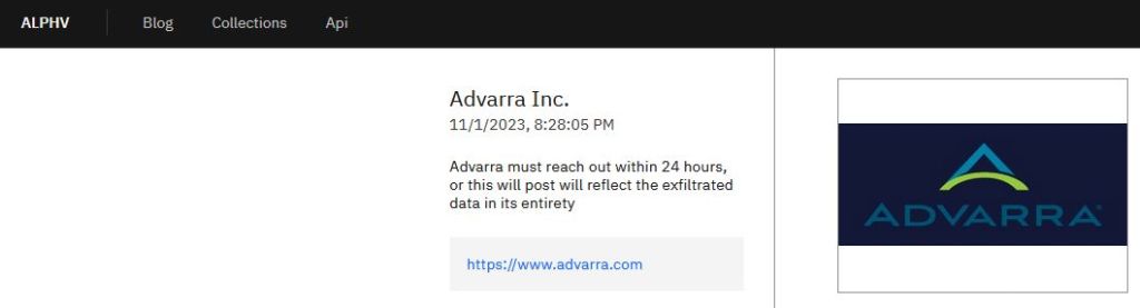 Advarra entry on the ALPHV leak site