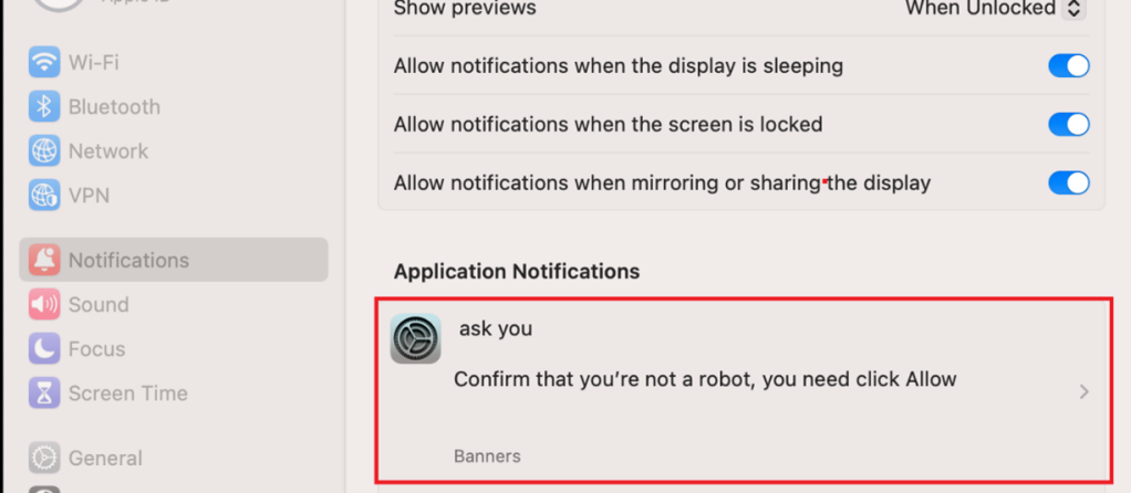 Applications notifications section with "ask you" highlighted 