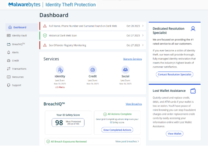 Screenshot of Malwarebytes Identity Theft Protection