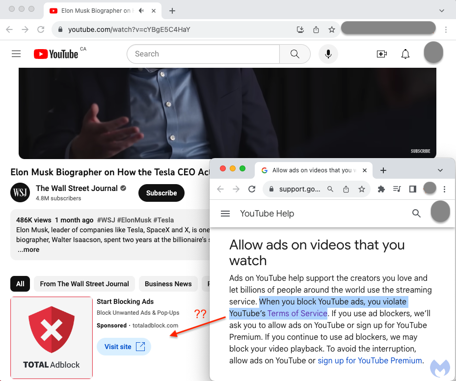 YouTube shows ads for ad blocker, financial scams