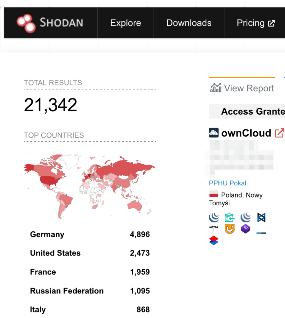 Shodan search results for ownCloud showing over 21,000 exposed instances