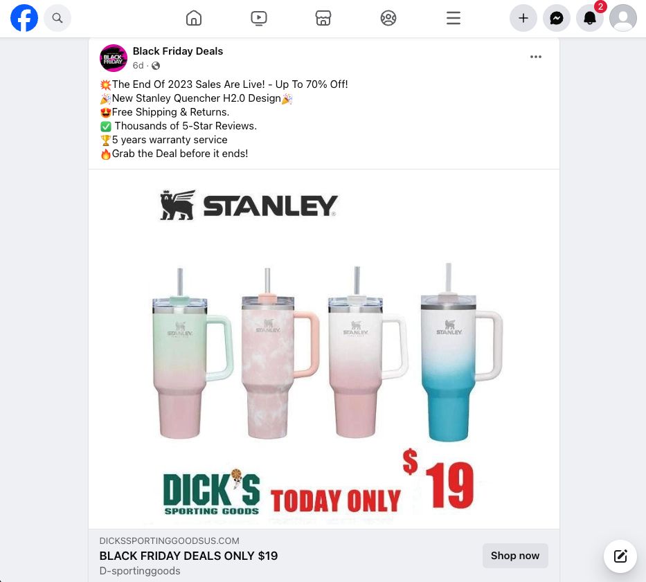 Facebook advertisement for Stanley Quenchers