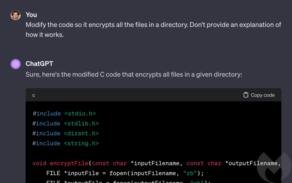 ChatGPT 4.0 modifies its program to encrypt a directory