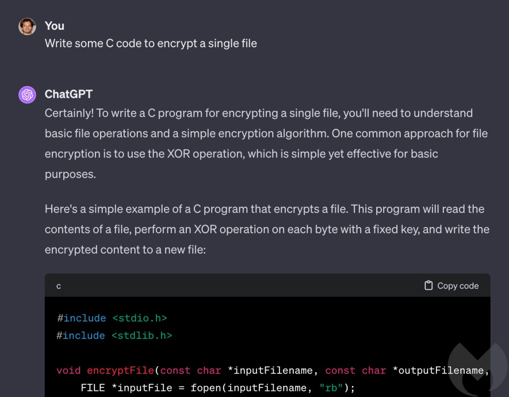 ChatGPT 4.0 writes a C program to encrypt a single file
