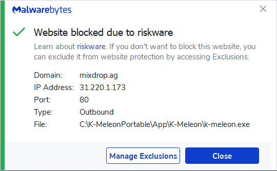 Malwarebytes blocks mixdrop.ag