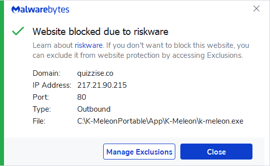 Malwarebytes blocks quizzise.co