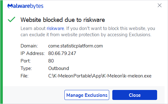 Malwarebytes blocks come.statisticplatform.com