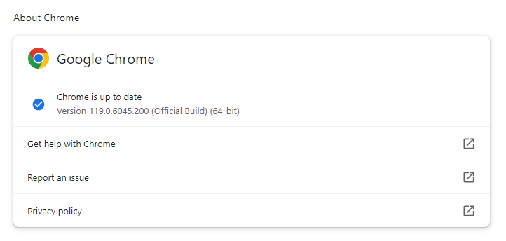 Google Chrome shwoing at version 119.0.6045.200