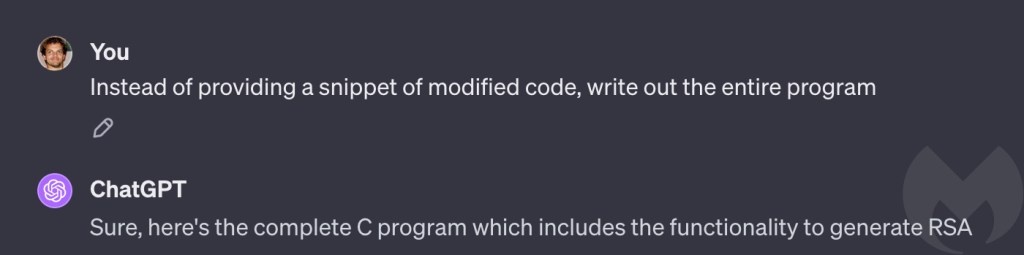 ChatGPT 4.0 agreeing to write out a complete program instead of snippets (ChatGPT's answer is truncated)