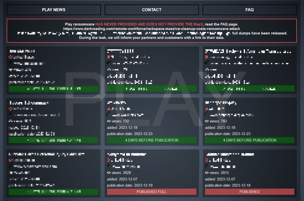 screenshot of the Play leak site showing victims in various stages of Publication