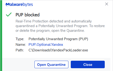Malwareytes blocks PUP.Optional.Yandex