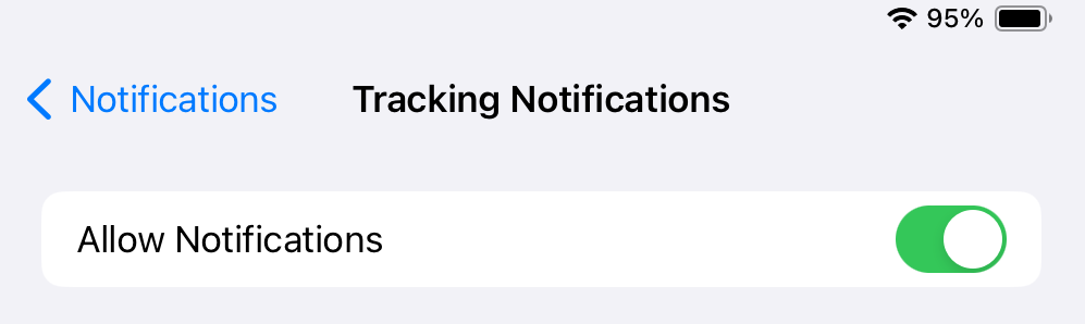 screenshot of Tracking Notifications are set to Allow Notifications