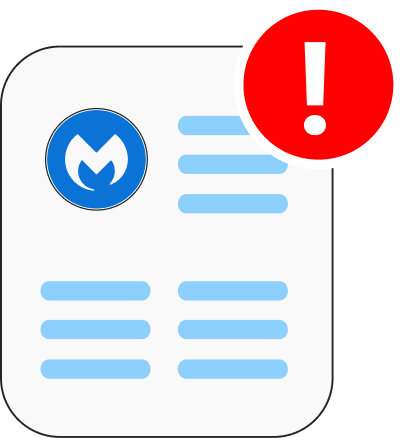 Illustration of a piece of paper with the Malwarebytes Logo Icon M in the upper left corner and a red circle with and exclaimation point indicating an alert in the upper left corner.