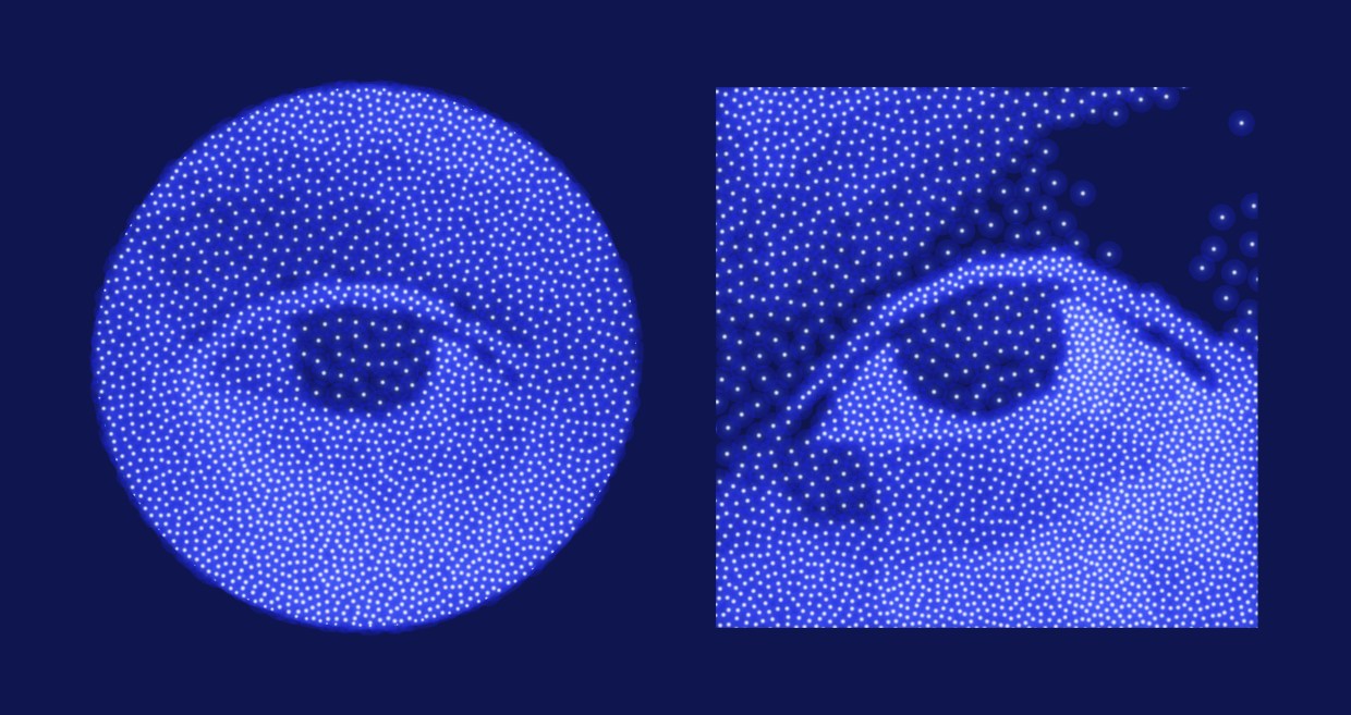 Two computer-generated images of two separate eyes, one framed in a circle, the other framed in a square