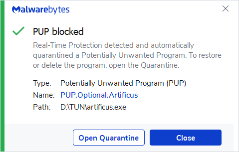 Malwarebytes blocks PUP.Optional.Artificus