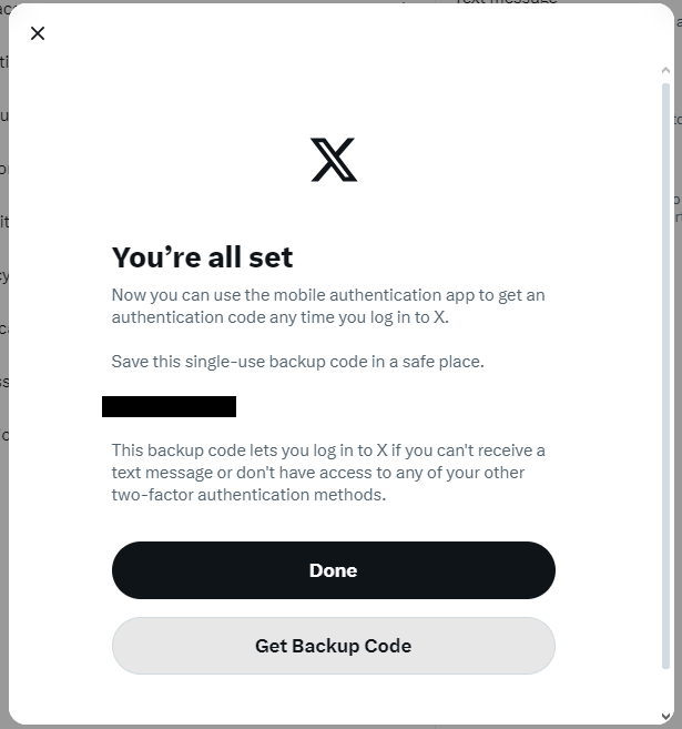 The prompt that says you're all set also displays your backup code