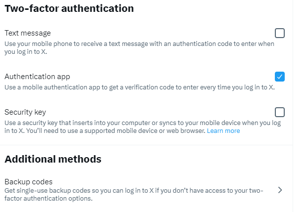 Choices are Text message, Authentication app, and Security key