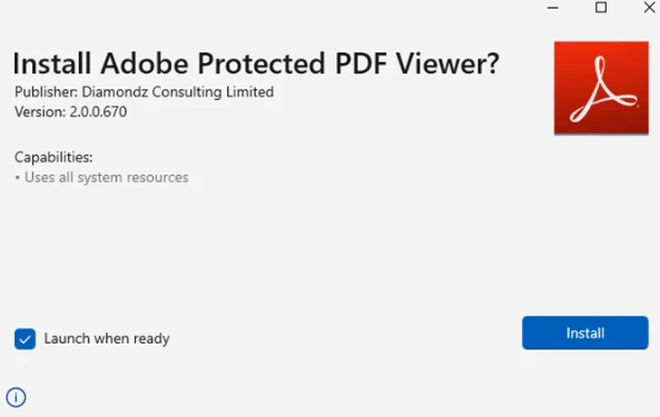 Adobe Protected PDF Viewer not published by Adobe, but by Diamondz Consulting Limited