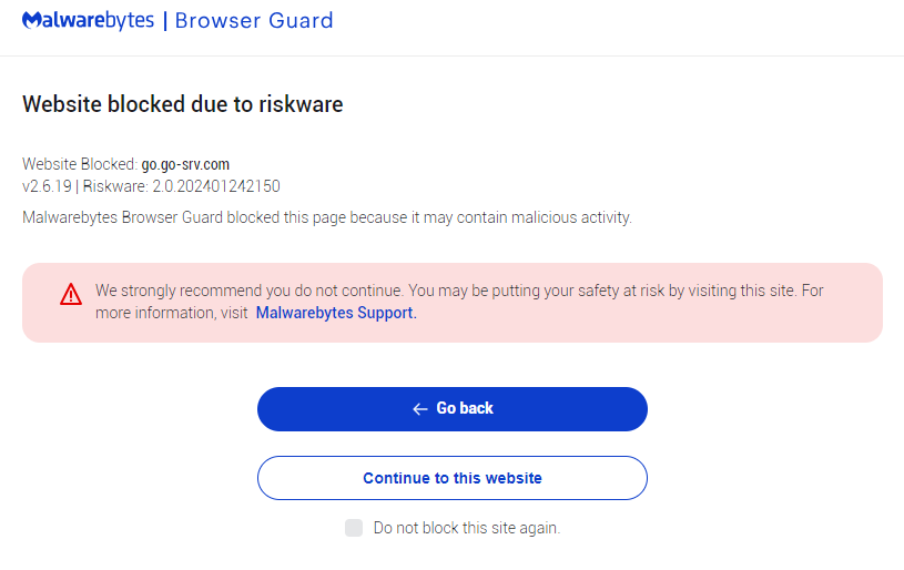 Malwarebytes blocks go.go-srv.com