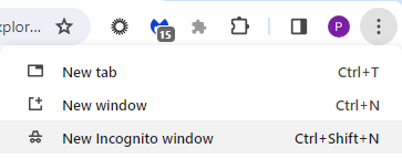 Screenshot of Chrome menu to open Íncognito mode