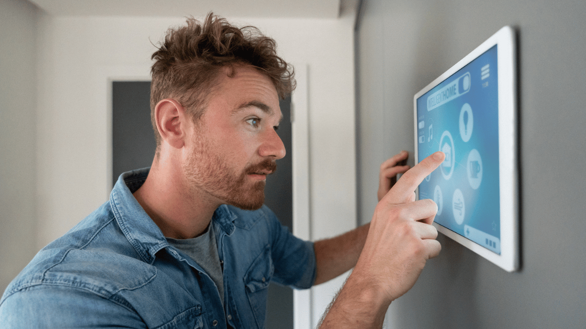 Man looking at his smart home device
