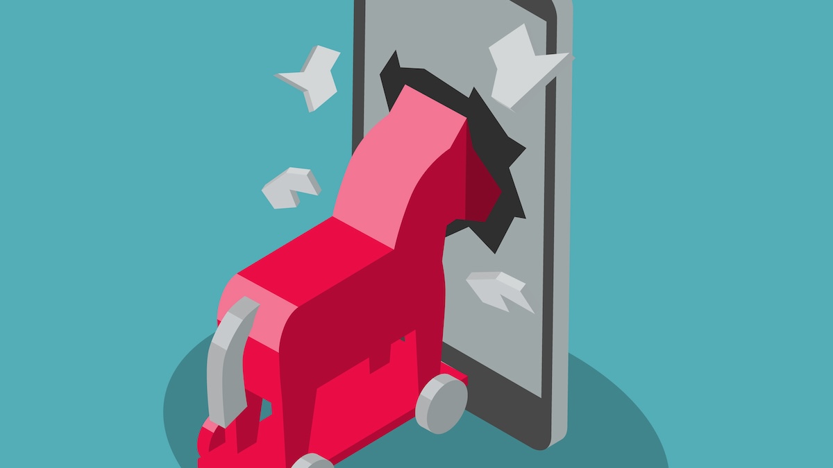 A Trojan Horse on wheels breaks into the screen of a smartphone