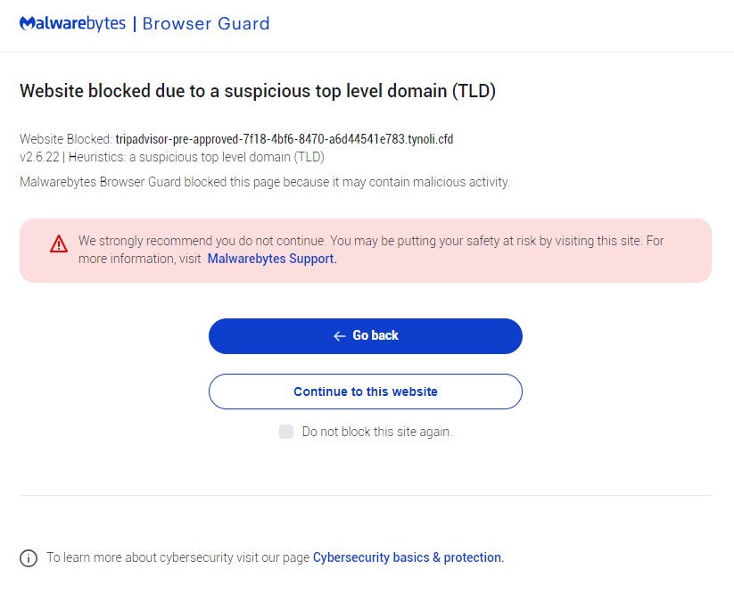 Browser Guard warning for the fake Tripadvisor website