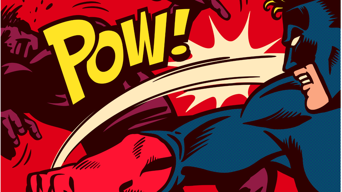 Pop art comics style superhero fighting and punching super villain