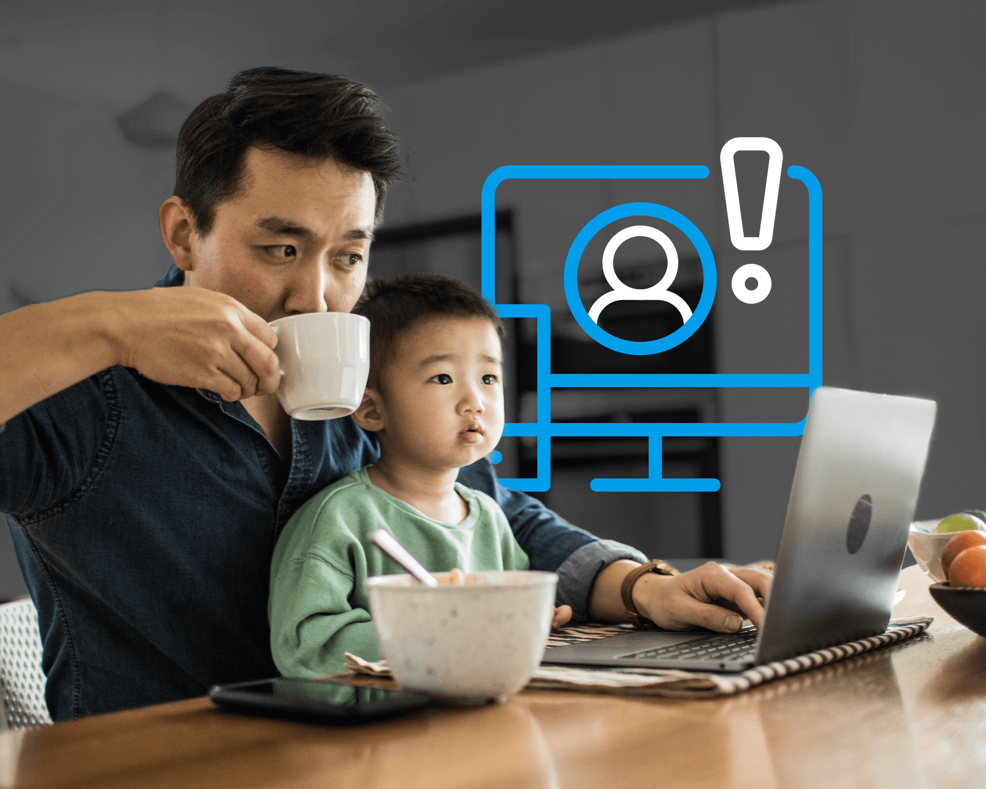 identity monitoring visual: father and son in front of the laptop