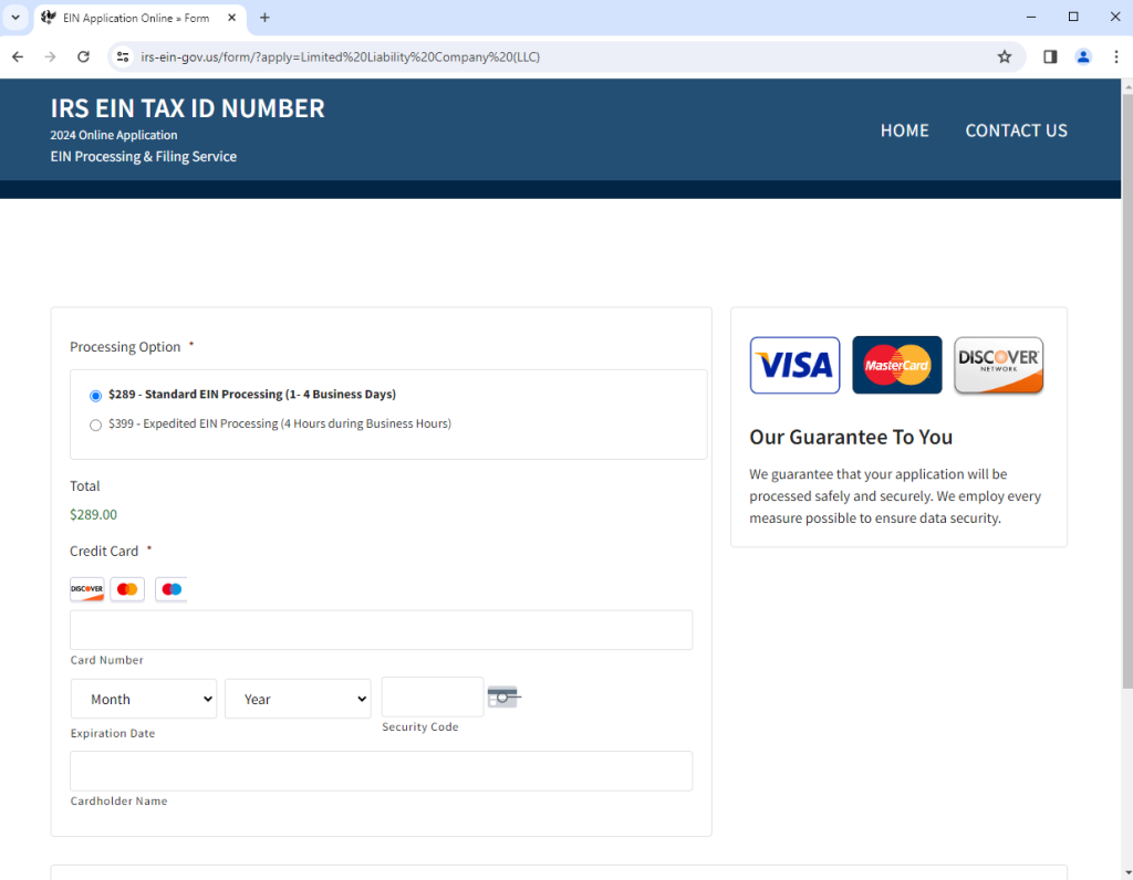 Payment options and pricing on the fake site