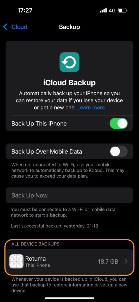 iCloud Backup screen showing device backups.