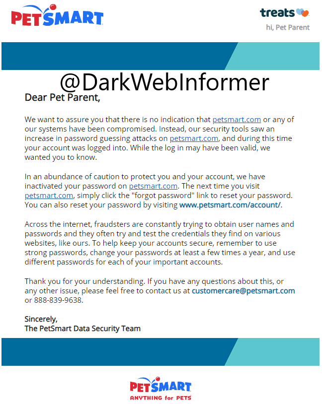 PetSmart notification mail provided by DarkWebInformer