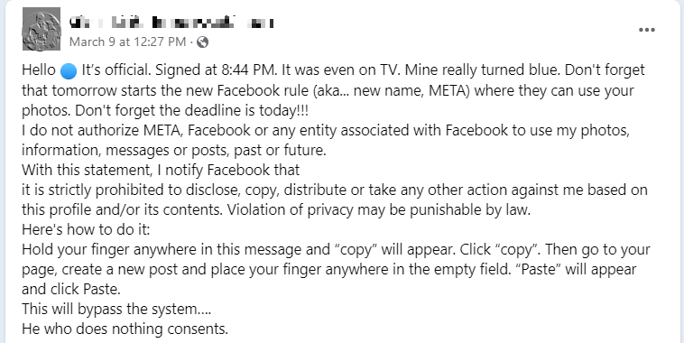 screenshot of the Facebook post disallowing Meta to use photos, information, and posts