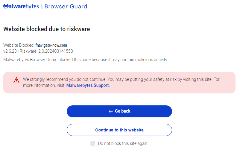 Malwarebytes blocks fnavigate-now.com