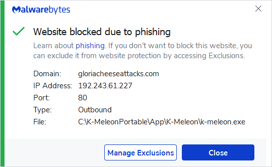 Malwarebytes blocks gloriacheeseattacks.com