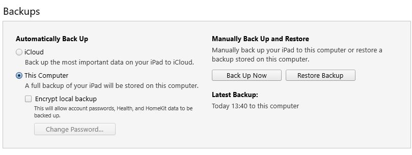 Backup options in the iTunes app with This conmputer selected