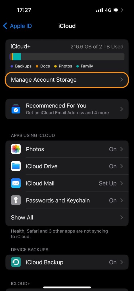 iCloud screen showing account storage