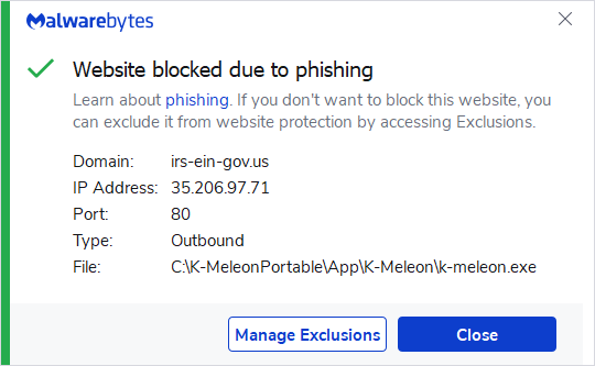 Malwarebytes blocks the site of the tax scammer