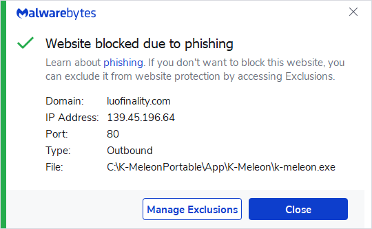 Malwarebytes blocks luofinality.com